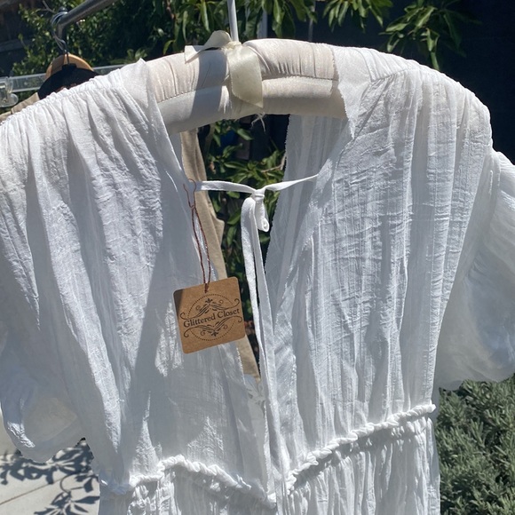 New Boho Deep Plunge Maxi Gauze Cover Up Dress Summer White Cotton Blend - Picture 3 of 6